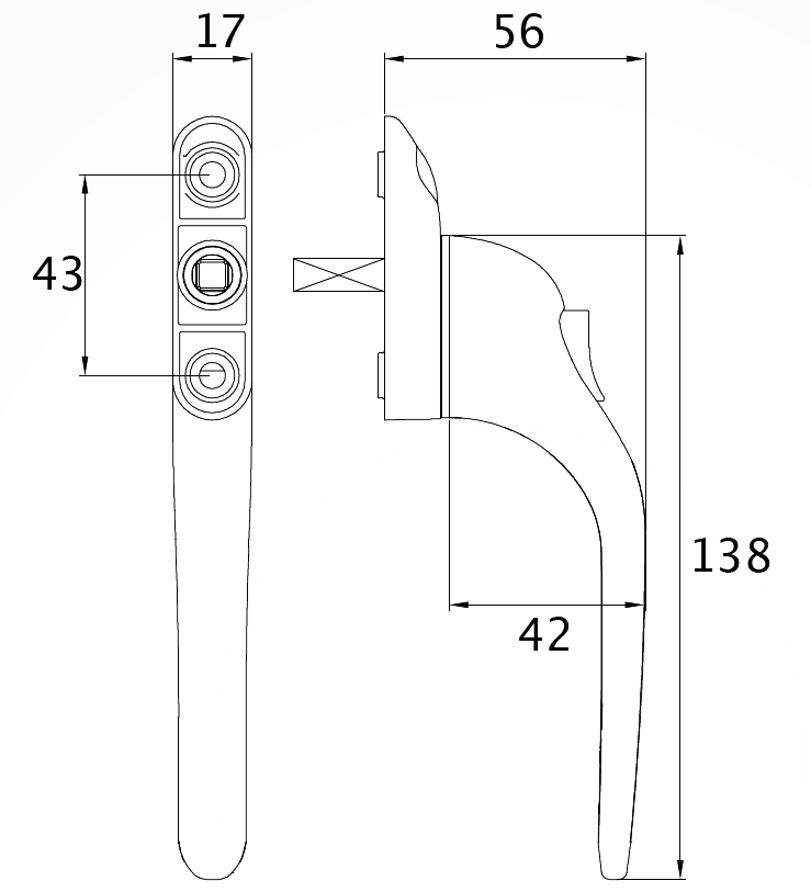 HB117 window handle technical drawing